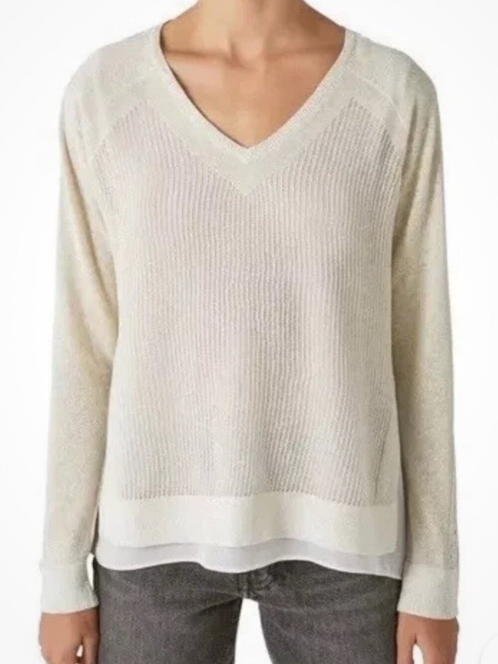 Lucky Brand Sweater Women’s Size M Ivory Knit V-Neck Layered With Gold Threads